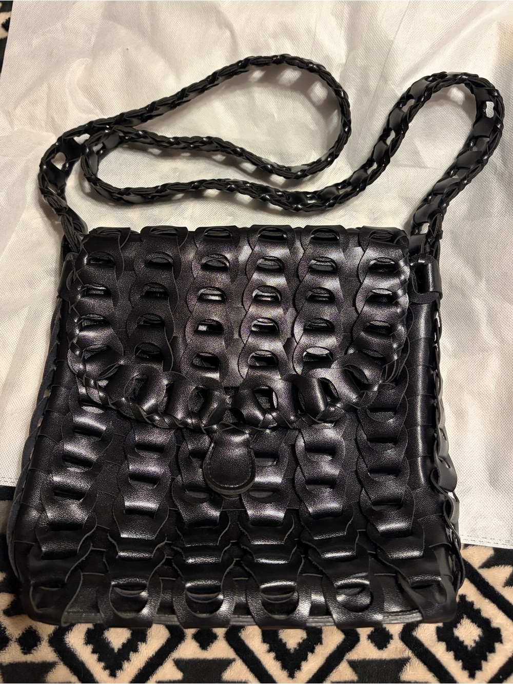 Y&S Handbags NWOT Black Woven Faux Leather Flap Crossbody Bag